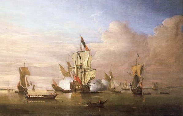 Figure 14: Peter Monamy: The Royal Yacht Peregrine arriving in the Thames estuary with King George I aboard in September 1714 (in the style of Willem van de Velde the younger).