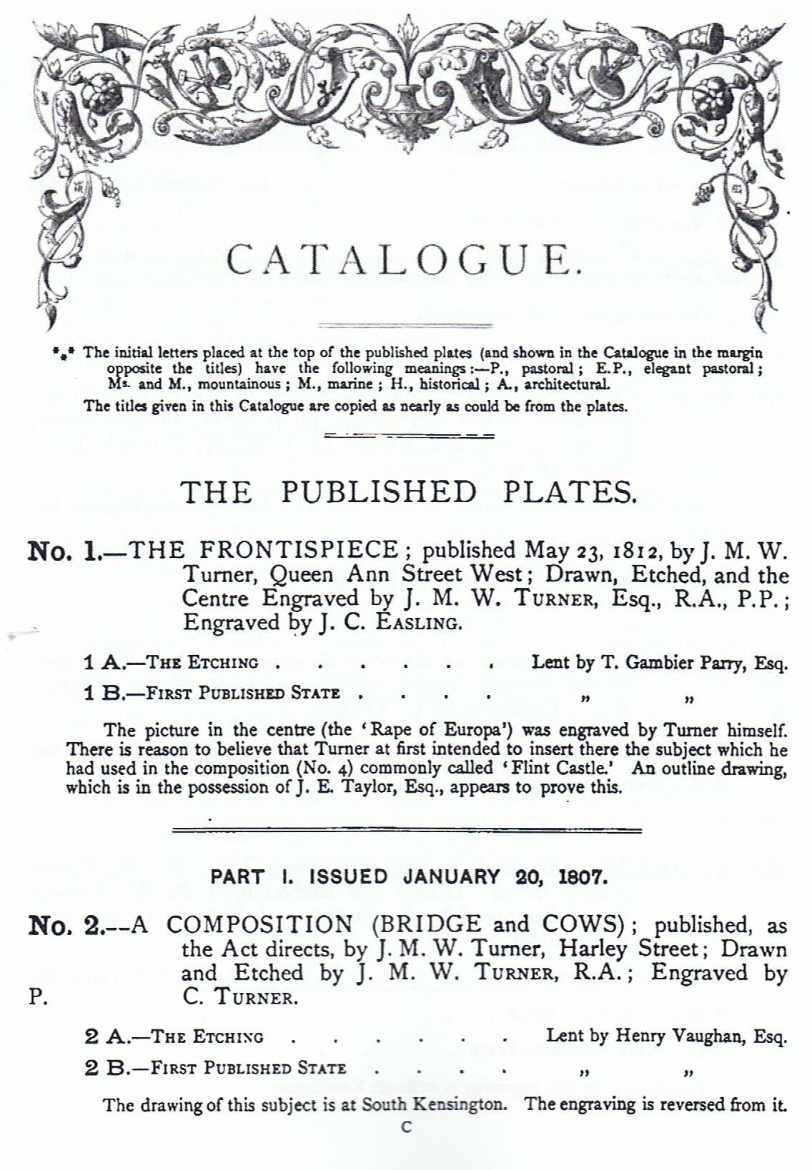 Figure 20: The first page of Vaughan’s exhibition catalogue for Turner’s ‘Liber Studorium’, with Vaughan’s first contributions at the bottom. There are twelve pages of ‘Introductory Remarks’.